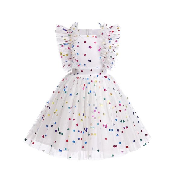 NEW! Girls Confetti Birthday Princess Dress Ruffle Sleeve White SZ 6-7 Years - Picture 4 of 14